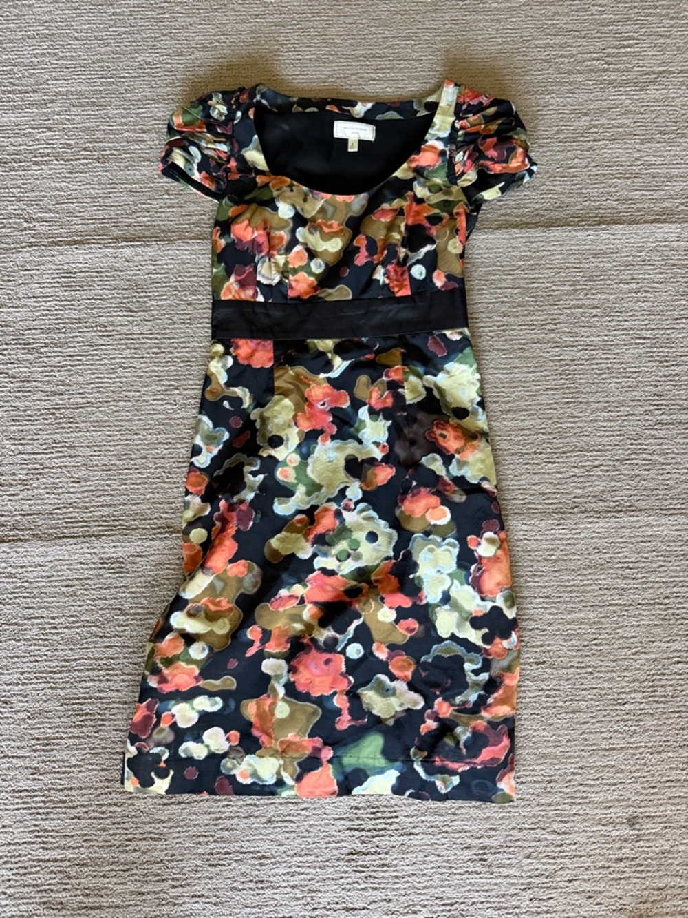 Floral Print Scoop Neck Dress - Black with Coral & Olive